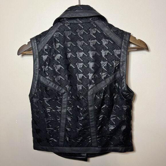 Sam Edelman Vegan Leather Black Houndstooth Moto Vest XS‎ Asymmetric Zip - Picture 2 of 9